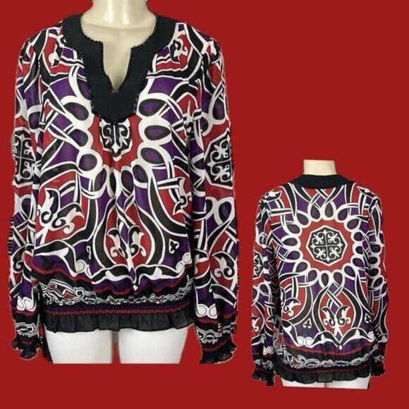 Nicole Miller L Black Geometric Print Beaded Neck Shirred Hem Long Sleeve Blouse - Picture 1 of 5